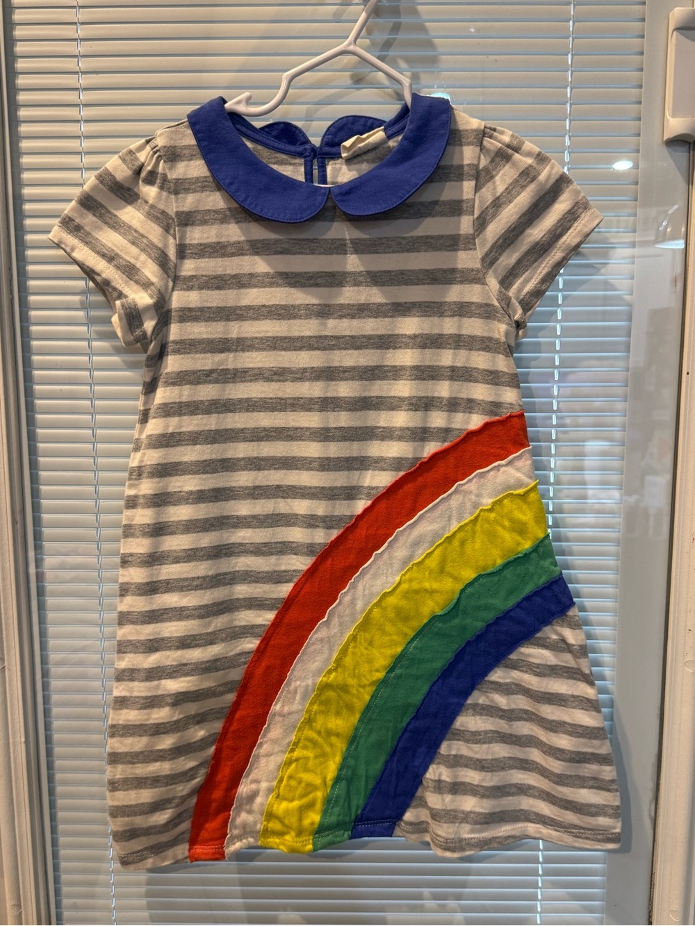 Mini Boden Girls 5-6 Rainbow Applique Striped Peter Pan Collar Dress